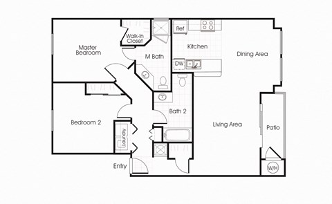 Floor plan for 2 beds, 2 baths, 1067 sqft